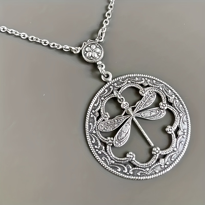 Men's Round Necklace Cutout Round Pendant Necklace Dragonfly Pendant